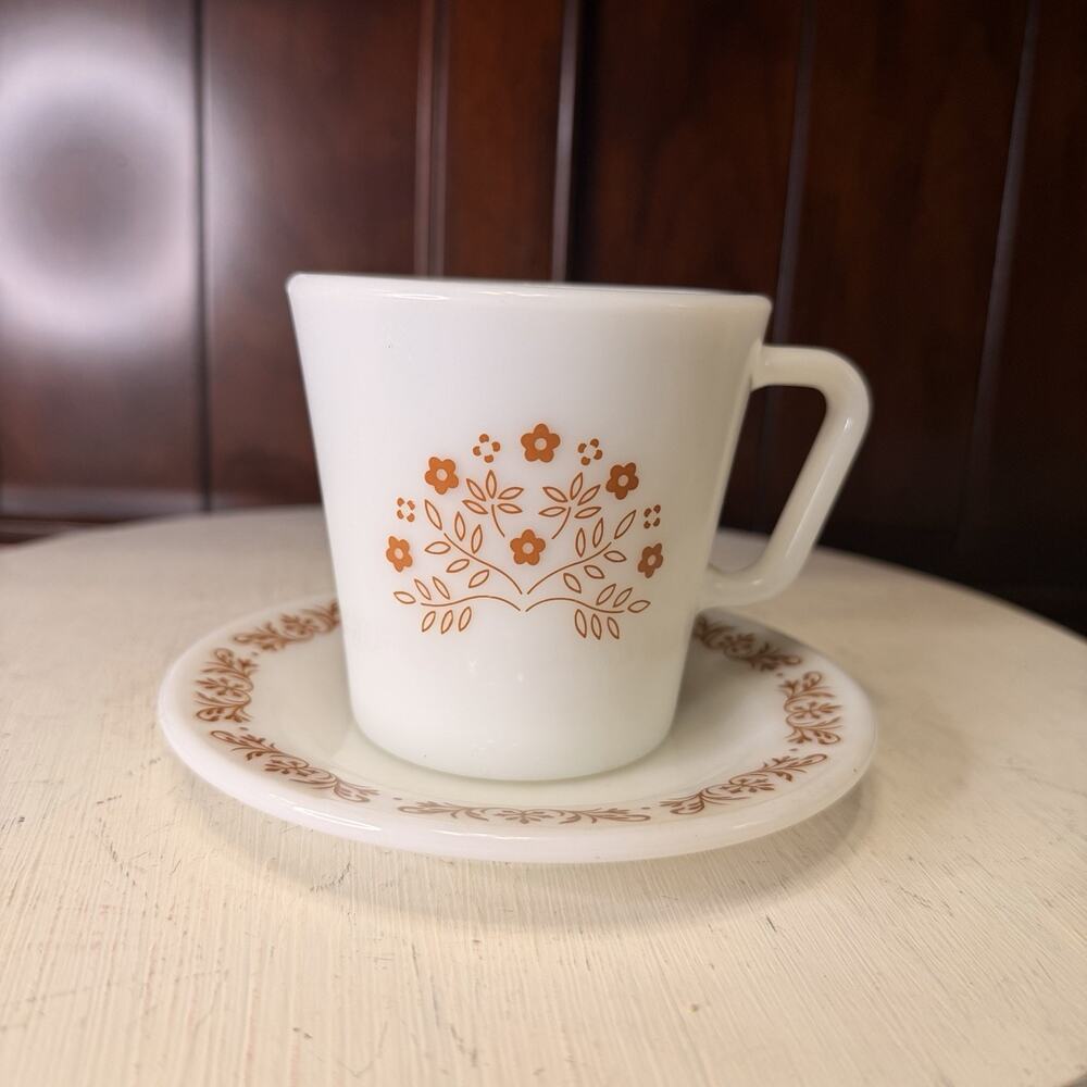 Vtg PYREX Mug Cup & Saucer Summer Impressions D Handle Milk Glass